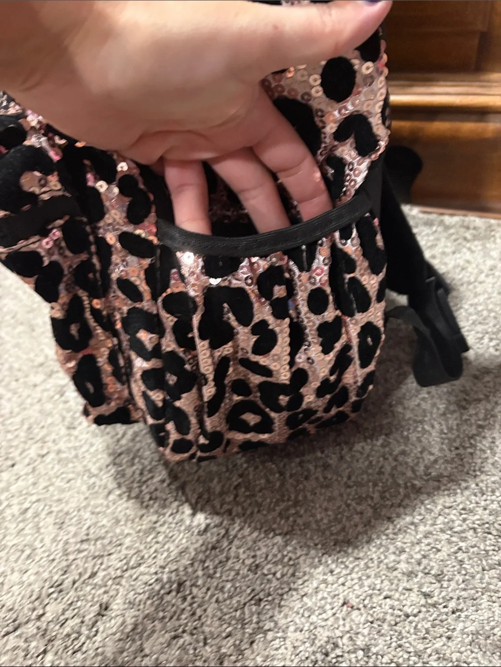 Justice Pink Sequin Leopard Backpack with Black 'G' Accent